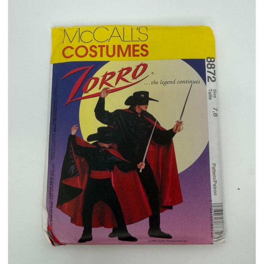 8872 ZORRO Costume CAPE McCalls Sewing UNCUT Vtg Pattern Boys Men Halloween  7-8